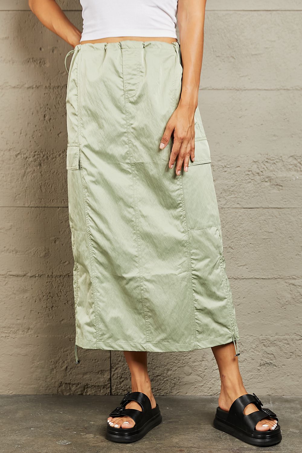 HYFVE Just In Time High Waisted Cargo Midi Skirt Light Green