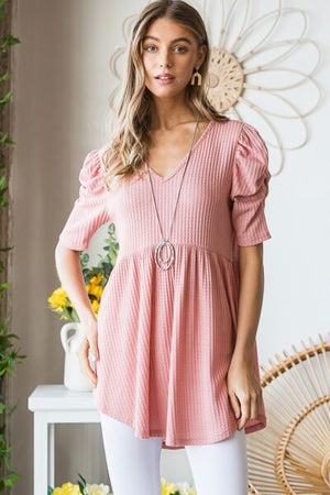 Waffle Knit V-Neck Babydoll Top in Rose