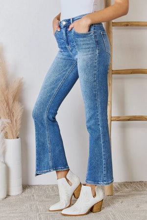 RISEN High Rise Front Seam Uneven Hem Ankle Flare Jeans