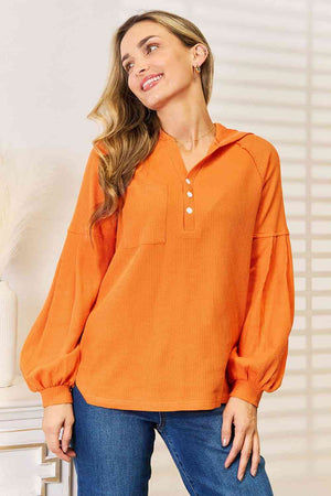 Side Slit Buttoned Waffle Knit Hoodie in orange