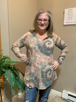 Rosey Olive Swirl Notch Top - Tie Dye