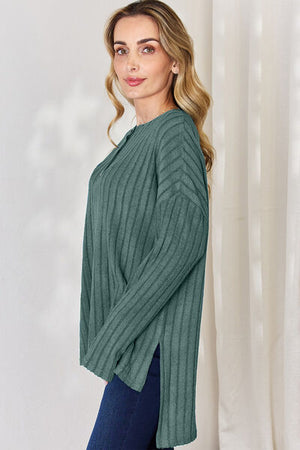 Basic Bae Ribbed Half Button Long Sleeve High-Low Top - 5 colors