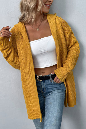 Cable Knit Dropped Shoulder Hooded Thigh length Cardigan - 4 colors