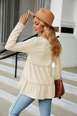 Long Sleeve V Neck Cable Knit Peplum Blouse - 9 colors