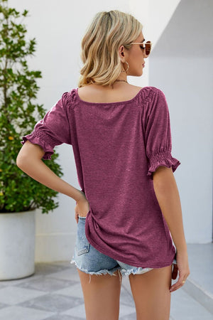 Smocked Short Flounce Sleeve Heathered Top - 10 colors