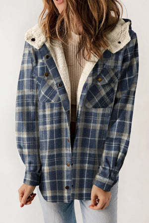 Plaid Flannel Teddy Bear Lined Snap Down Hooded Jacket - 6 colors