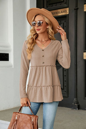 Long Sleeve V Neck Cable Knit Peplum Blouse - 9 colors