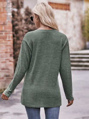 Buttoned Notch Neck Long Sleeve Top - 6 colors