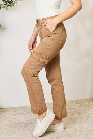 Risen High Waist Straight Leg Cargo Jeans with Pockets