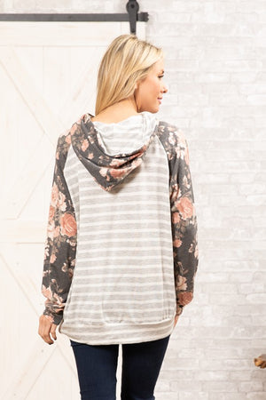 Charcoal Floral Heather grey stripe Hoodie Top