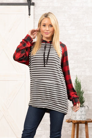 Red Black Buffalo Plaid with Charcoal Stripe Hoodie top