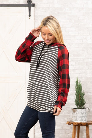 Red Black Buffalo Plaid with Charcoal Stripe Hoodie top