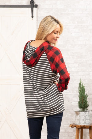 Red Black Buffalo Plaid with Charcoal Stripe Hoodie top