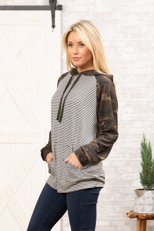 Camo Sleeve Charcoal Stripe Hoodie Top