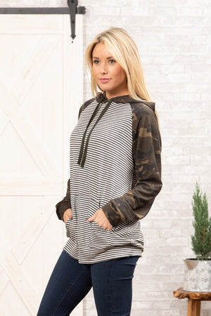 Camo Sleeve Charcoal Stripe Hoodie Top