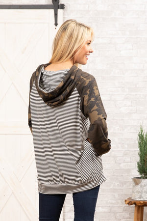 Camo Sleeve Charcoal Stripe Hoodie Top