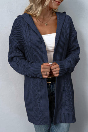 Cable Knit Dropped Shoulder Hooded Thigh length Cardigan - 4 colors