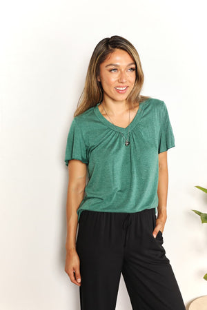 Double Take Ruched V-Neck Short Sleeve T-Shirt - 2 colors