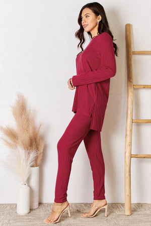 Ribbed Round Neck High-Low Slit Top and Pants Set - 4 colors