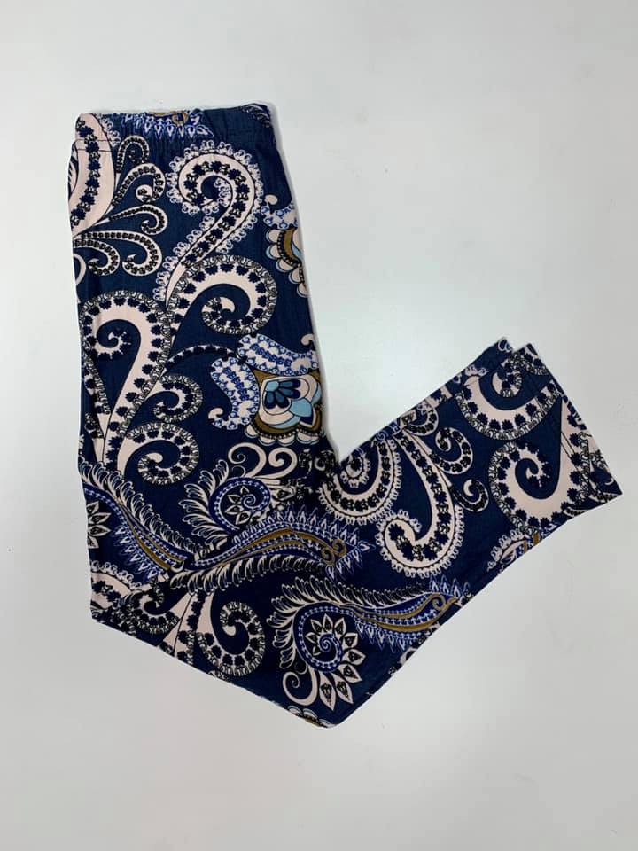 Kids Buttery Soft Leggings - Navy scroll