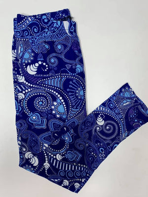 Kids Buttery Soft Leggings - Royal Blue Paisley