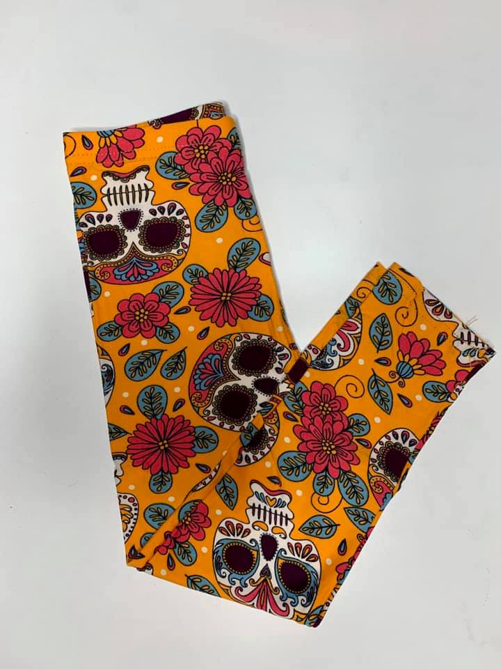 Kids Buttery Soft Leggings - Orange Sugar Skulls