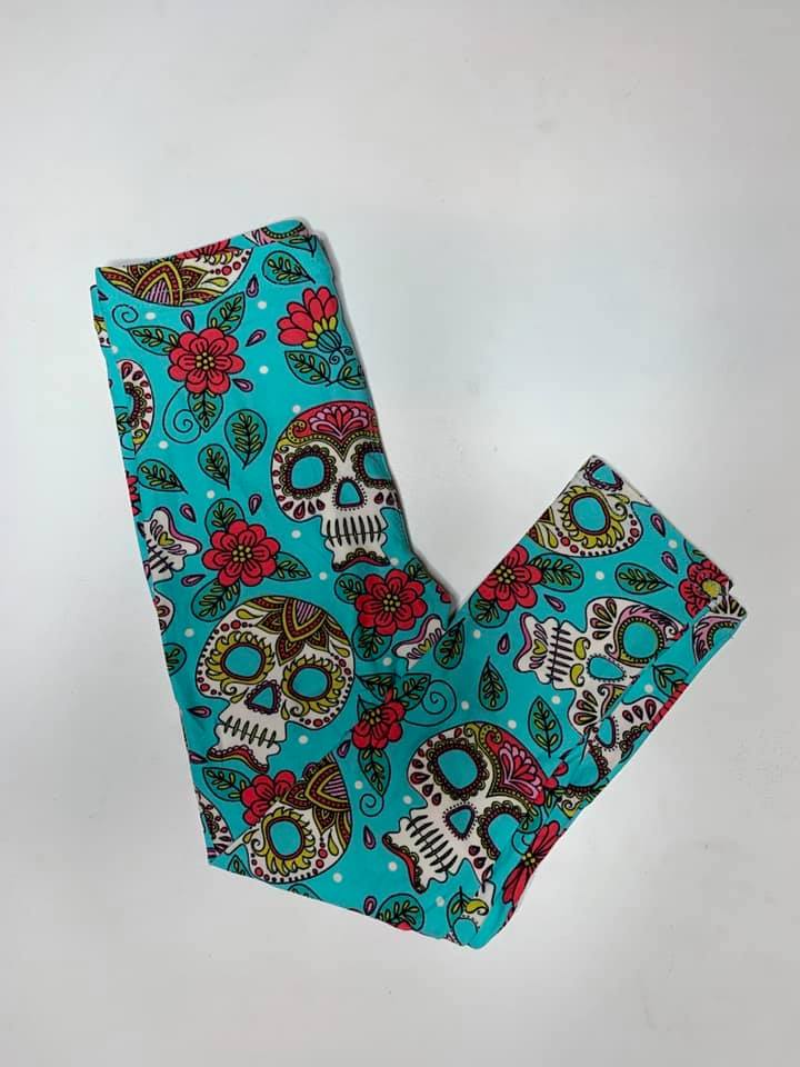 Kids Buttery Soft Leggings - Aqua Sugar Skulls