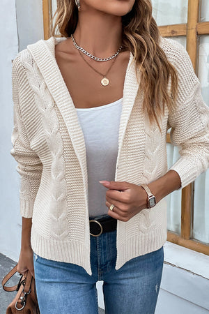 Cable Knit Dropped Shoulder Hooded Hip length Cardigan - 6 colors