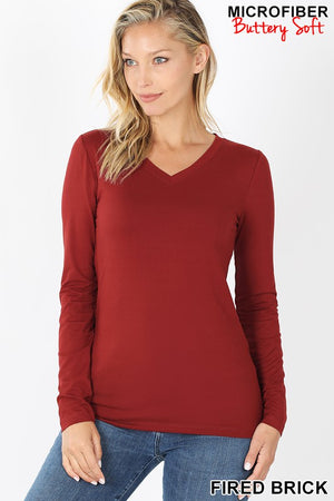 Zenana Buttery Soft Long Sleeve V Neck Stretch fitted T - Asst colors