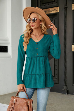 Long Sleeve V Neck Cable Knit Peplum Blouse - 9 colors