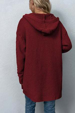 Cable Knit Dropped Shoulder Hooded Thigh length Cardigan - 4 colors