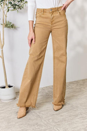 RISEN Hi Rise Fringe Hem Wide Leg Jeans in Mocha