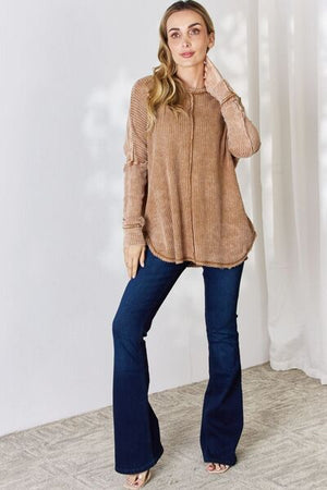 Zenana Oversized Washed Waffle Long Sleeve Top Deep Camel