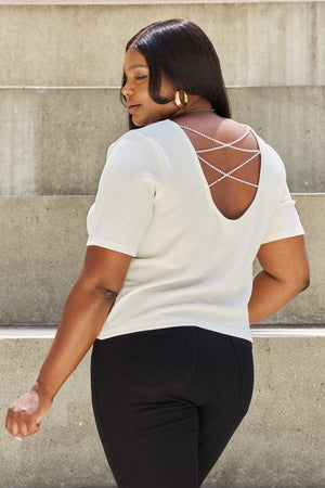 Pearly White Criss Cross Pearl Detail Open Back T-Shirt