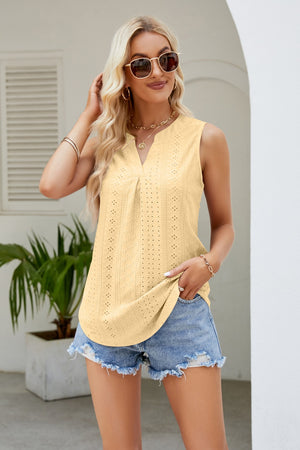 Notched Neck Curved Hem Eyelet Tank - 8 colors