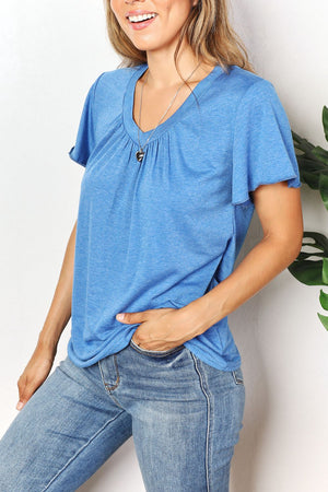 Double Take Ruched V-Neck Short Sleeve T-Shirt - 2 colors