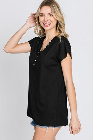 Front Button V-Neck Short Sleeve Top Black