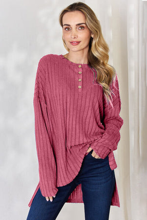 Basic Bae Ribbed Half Button Long Sleeve High-Low Top - 5 colors