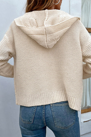 Cable Knit Dropped Shoulder Hooded Hip length Cardigan - 6 colors