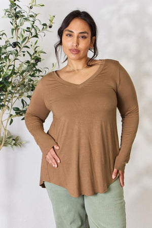 Zenana Long Sleeve V Neck Top Camel