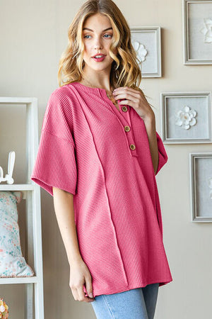 Heimish Ribbed Half Button Drop Shoulder Top Hot Pink