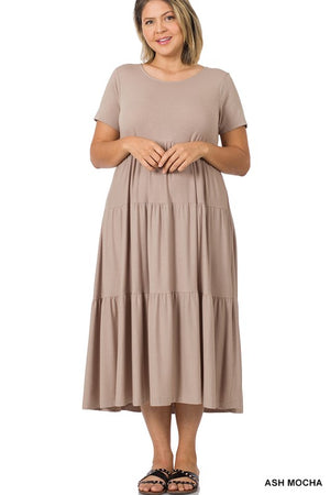 Zenana Short Sleeve Tiered Midi Dress Plus - 2 colors