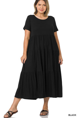Zenana Short Sleeve Tiered Midi Dress Plus - 2 colors