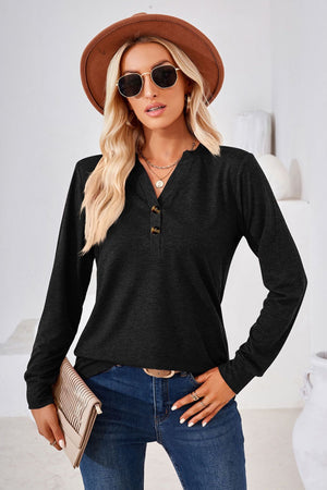 V Neck Buttoned Long Sleeve Blouse - 7 colors