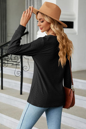 Notched Neck Textured Long Sleeve Buttoned Blouse - 8 colors