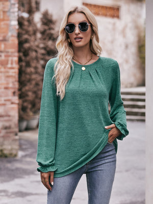 Long Flounce Sleeve Round Neck Blouse - 7 colors