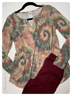 Rosey Olive Swirl Notch Top - Tie Dye