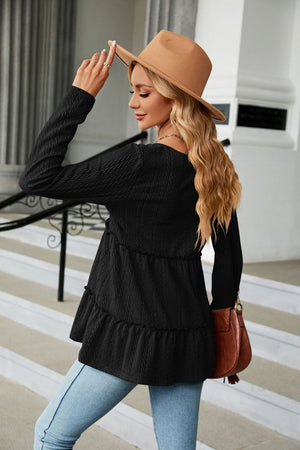 Long Sleeve V Neck Cable Knit Peplum Blouse - 9 colors