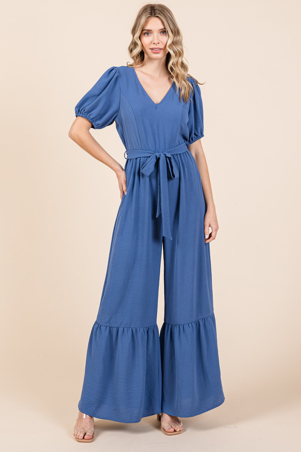 V Neck Belted Wide Leg Jumpsuit in Denim Blue