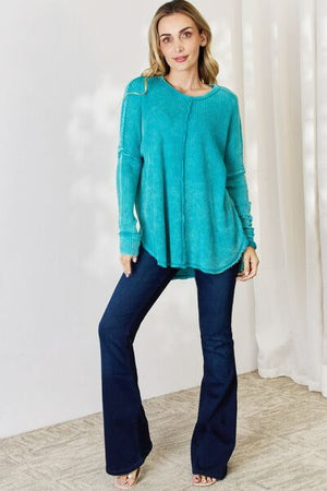 Zenana Oversized Washed Waffle Long Sleeve Top in Light Teal
